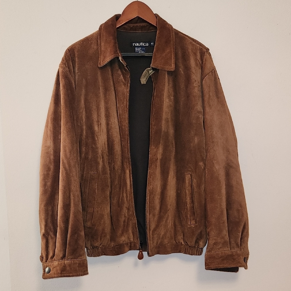 Vintage Nautica Men's Tan Suede Bomber Jacket Sz L/XL